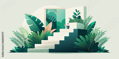 Vector illustration of a green city with a forest of leafy trees and palms on an abstract green background