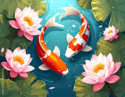 Beautiful koi fish in lotus pond. Koi carp swimming among lotus flowers. Vibrant koi fish with pink lotus. Artistic koi fishes with blooming lotus. Colorful koi and lotus flowers design