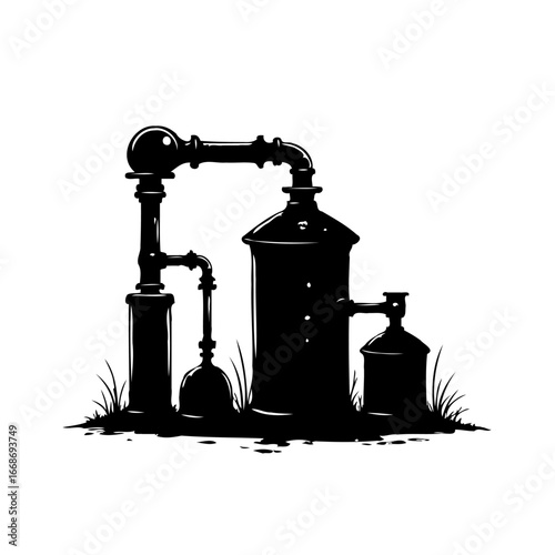 Silhouette of vintage machinery with pipes evokes an era of industrial experimentation and steam