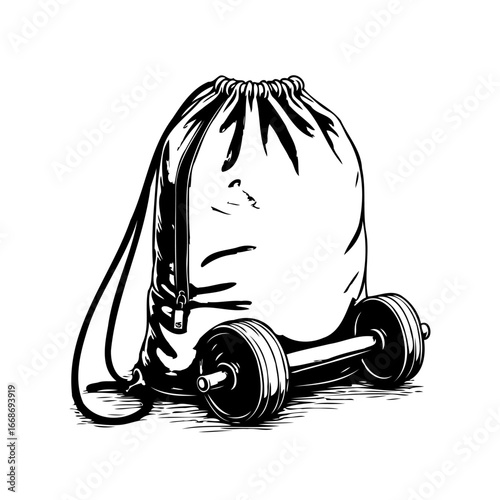 Sketch illustration of a fitness drawstring bag paired with lightweight barbell and the pursuit of