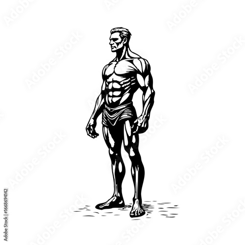 Striking monochrome bodybuilder portrait exhibiting muscular physique in artistic rendering for