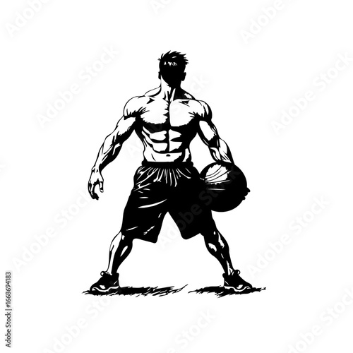 Strong athlete demonstrating power physique while holding basketball a captivating visual