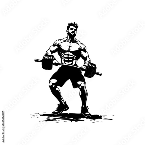 Strong muscular man performing a barbell squat exercise showcasing power in a graphic
