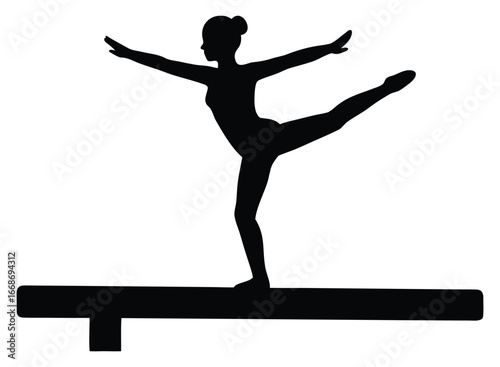 Gymnast on balance beam black silhouette in elegant pose performing exercise