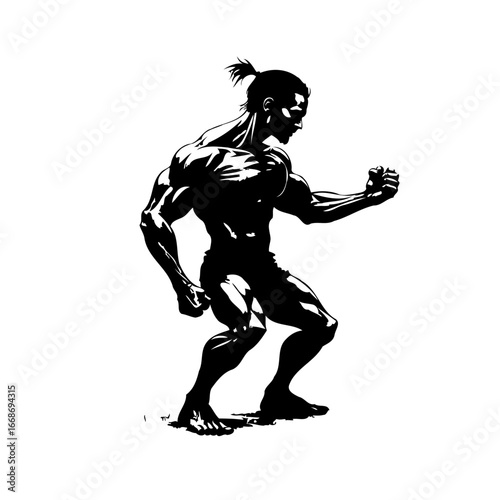 Strong physique illustration presenting determined man performing warrior pose with a bold and