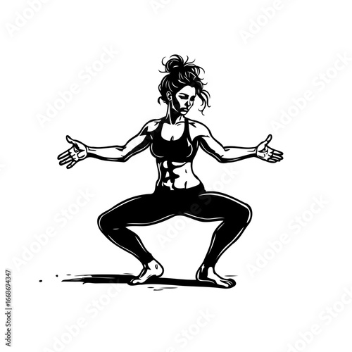 Strong woman performing sumo squat, showcasing muscular definition, a powerful athletic stance