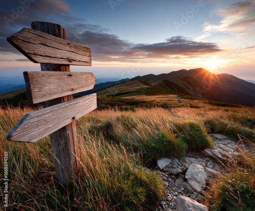 Captivating sunset over a mountain landscape with directional signs