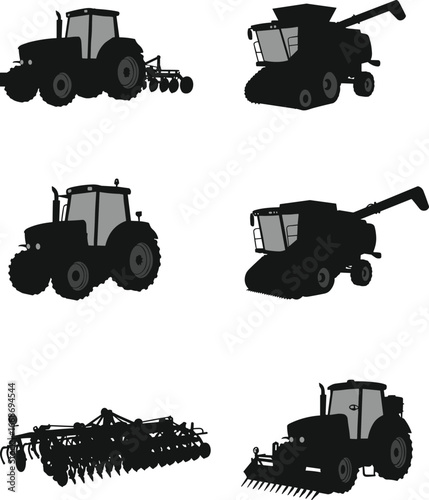 Farm machinery vector set, agricultural tractors, combine harvester, plow, seeder equipment, rural industry tools illustration, farming technology, cultivation and harvesting vehicle design