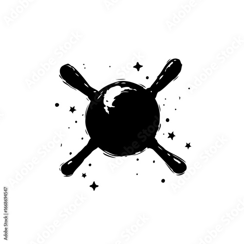 Stylized celestial sphere surrounded by diminutive star shapes in expressive minimalist ink
