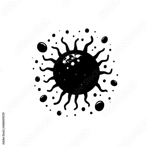 Stylized celestial body with radiating tendrils and scattered orbital particles a graphic