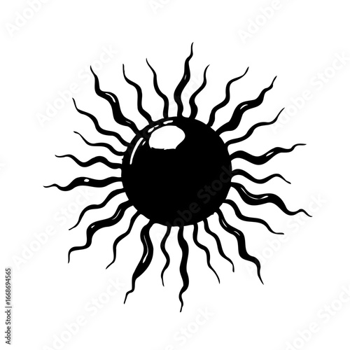 Stylized celestial sun symbol with radiant beams for artistic designs and cosmic inspired