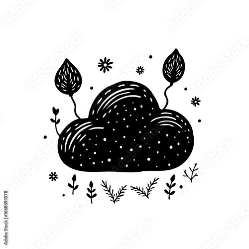 Stylized cloud with flora illustration conjuring a magical, nature-inspired dreamscape in black