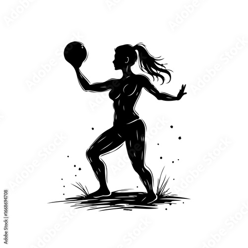 Stylized depiction silhouette of a female figure engaged in a dynamic ball sport posture action