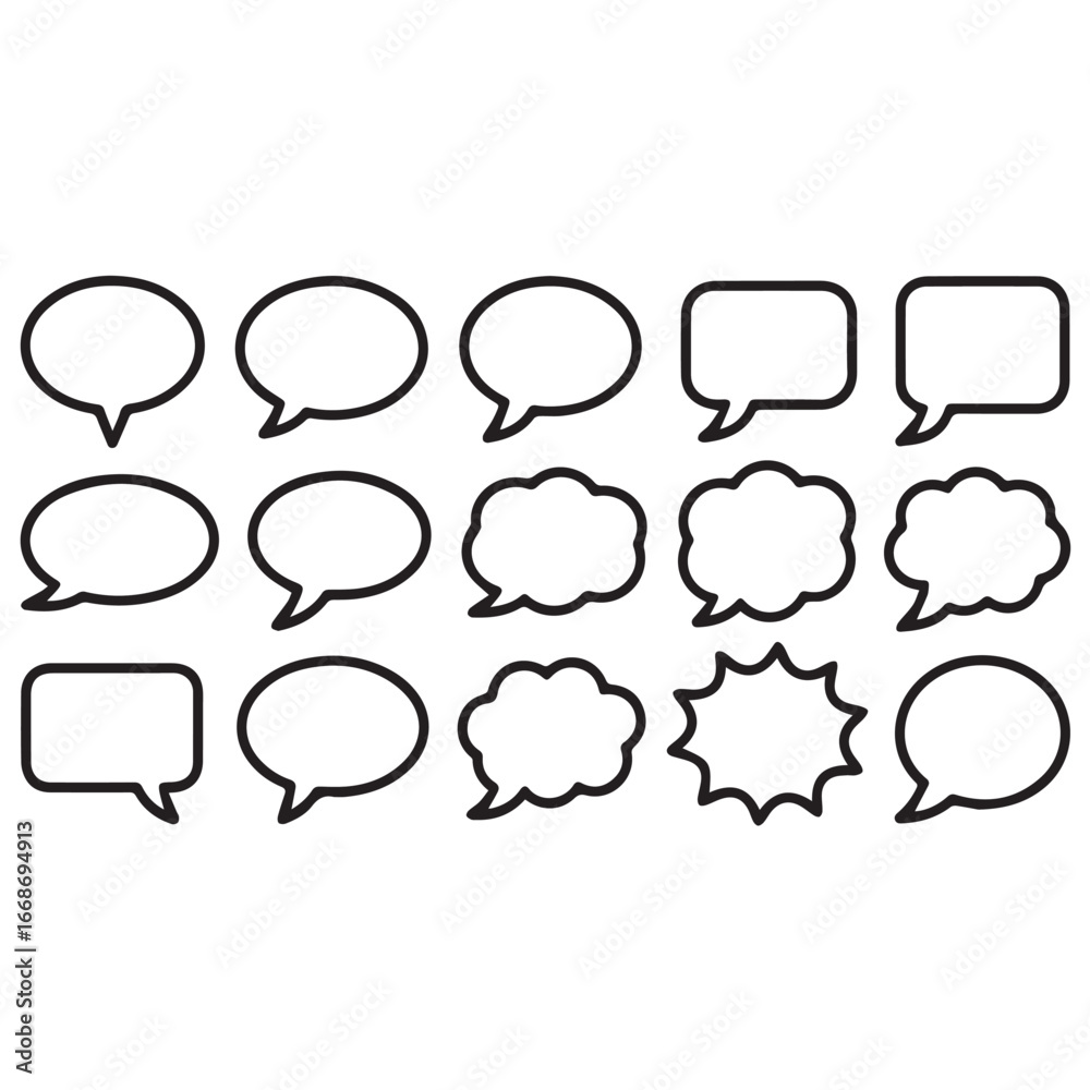Fototapeta premium Speech & Thought Bubble Outline Set – Comic Style Black and White Grid with Dialogue, Thought, and Exclamation Shapes