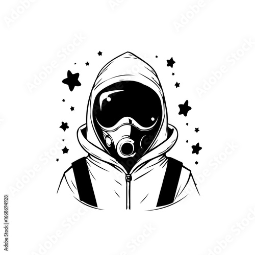 Stylized monochrome depiction featuring a hooded figure donned with a protective mask in cosmic