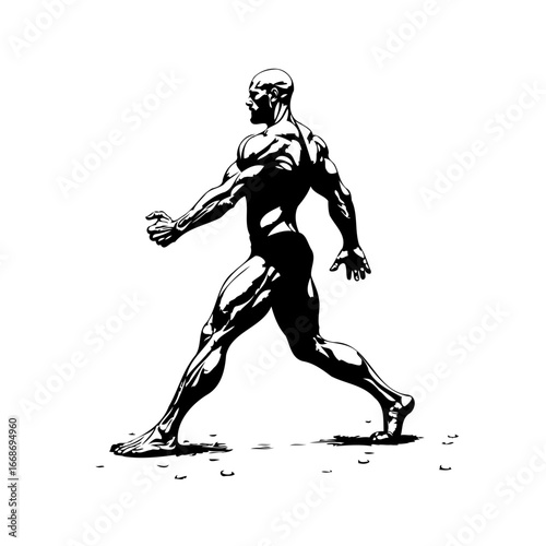 Stylized monochrome illustration of a muscular figure in dynamic motion portraying strength and