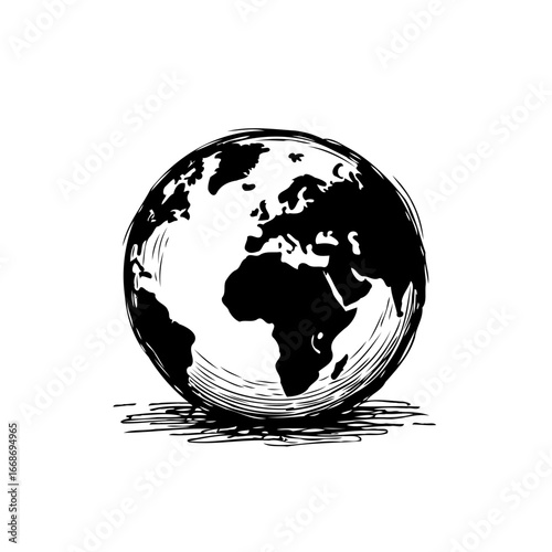 Stylized monochrome depiction of planet earth showcases geography emphasizing continental