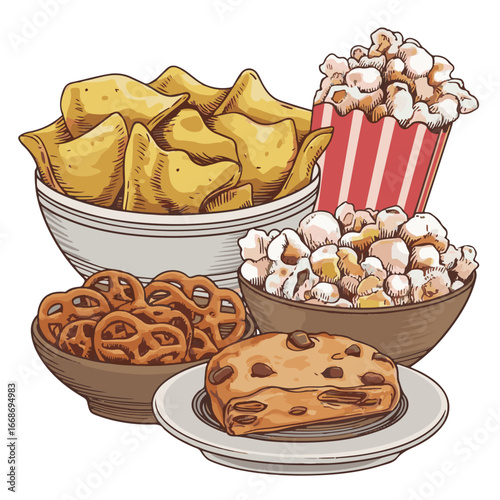 Snack Food Illustration Set – Popcorn, Tortilla Chips, Pretzels, Cookie, and Party Bowl Variety