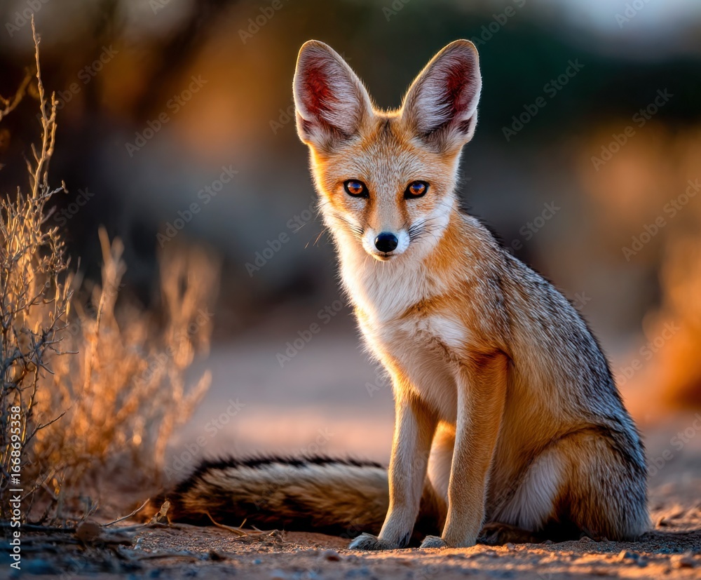 Obraz premium Desert fox resting among shrubs during golden hour light