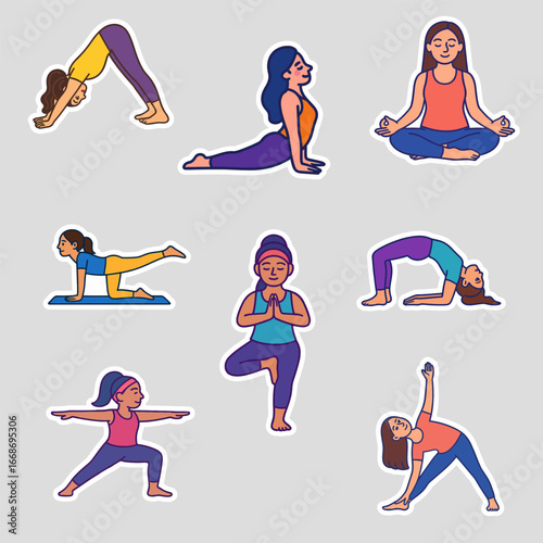 Yoga stickers set transparent background  relaxation, harmony, meditation illustrations