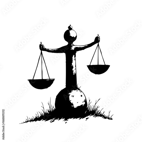 Symbolic black and white illustration presenting justice, balance, equity, truth and fairness with