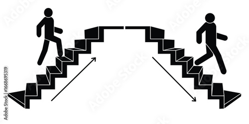 Stairs down and Stairs up icon vector design. Business man running and walking on stairs sign flat vector icon. Up or down walkway ladder symbol sign, Vector illustration.