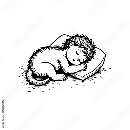 Tranquil slumber, innocent dreams, whimsical creature takes rest, cozy pillow, gentle sleep,