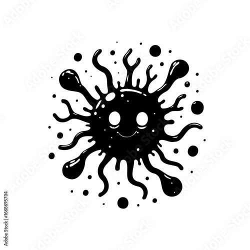Whimsical black blot with a cheerful face and playful blob design that evokes happiness and
