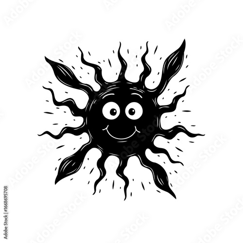 Whimsical black blot graphic with radiating whimsical tendrils and a charmingly expressive face