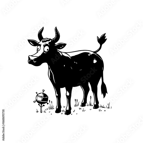 Whimsical bovine encounter perplexed creature discovery monochrome illustration unexpected object