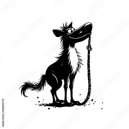Whimsical canine character with a leash displaying playful anticipation in a monochrome artful