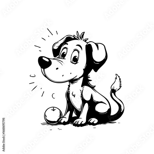 Whimsical canine companion waiting patiently next to its beloved spherical toy ready to cheerfully