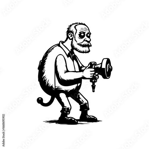 Whimsical character wielding a mysterious device evokes old world charm and imaginative story