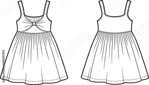 Girls’ Sleeveless Dress Technical Flat Sketch, Front and Back View, Bow Detail Bodice with Gathered Skirt, Fashion Design Template