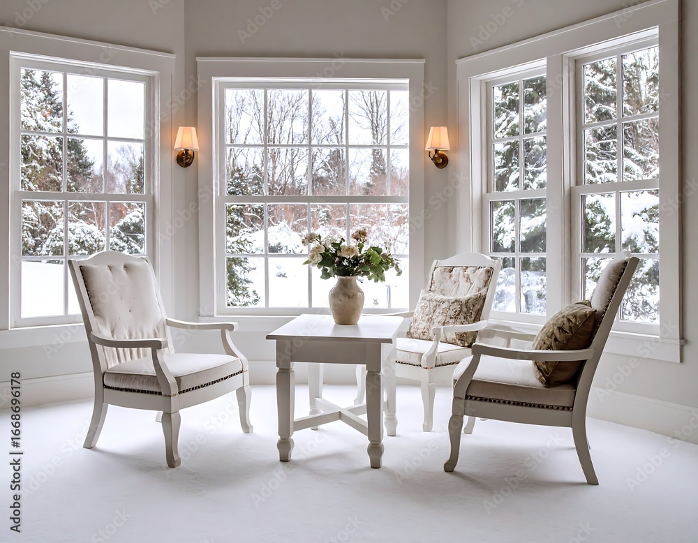 Fototapeta premium A cozy winter corner with large windows