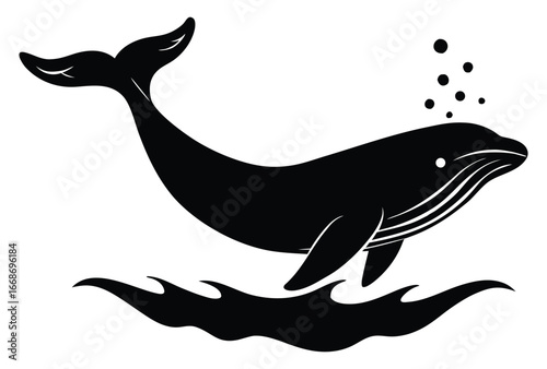 Majestic whale emerging from the ocean waves in a stylized black design