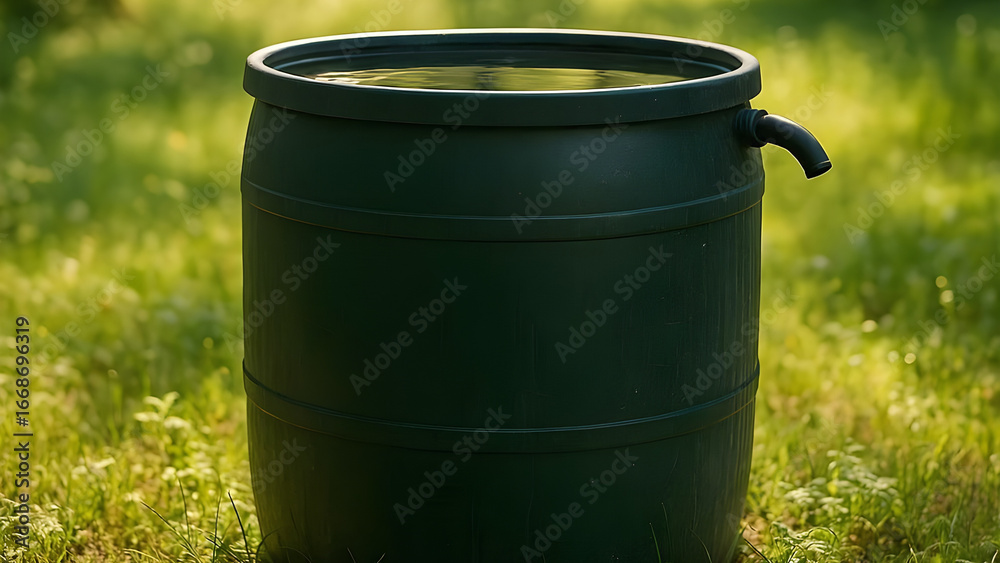 Obraz premium Rainwater Collection Barrel in Forest Clearing