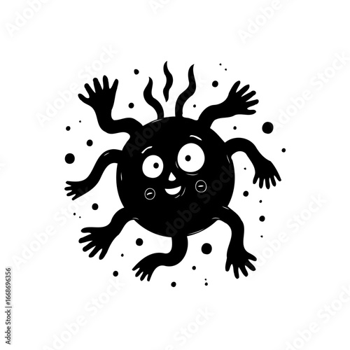 Whimsical midnight blob with friendly grin and flailing limbs dancing amid twinkling stardust on
