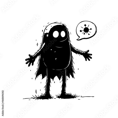 Whimsical monochrome illustration of a cartoon monster contemplating infectious disease spreading