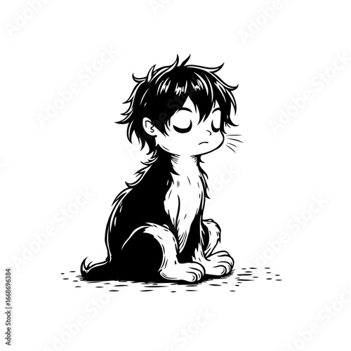 Whimsical monochrome illustration of a melancholic kitten character contemplating existence with
