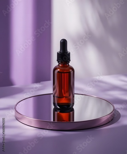 Amber Glass Dropper Bottle on Round Mirror with Purple White Background ©  DreamGenix