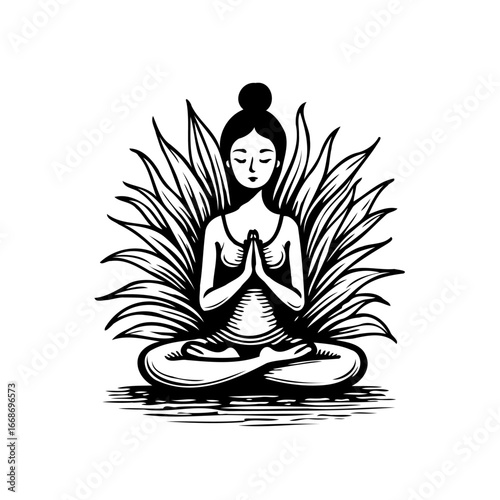 Woman in lotus position meditating peacefully amidst stylized foliage in minimalist black and