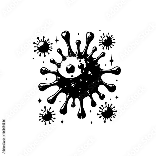 Yin yang symbol incorporated into spiky viral structure with tiny virus replicas and radiant