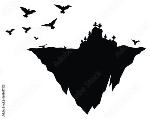Mystical Floating Island with Silhouetted Trees and Birds Flying Around
