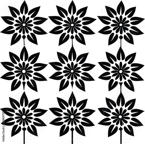 Nine stylized black floral silhouettes with prominent petals arranged in a 3x3 grid appearing like ornamental flowers on thin stems offering a classic botanical design element.