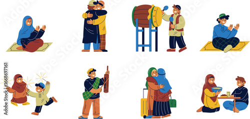Diverse Islamic cultural scenes depicting prayer, greetings, music, and family gatherings.
