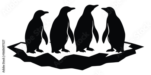 Penguins on an Iceberg Silhouettes Illustrating Antarctic Wildlife and Environment