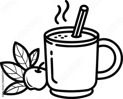 Illustration of hot apple cider with cinnamon stick and apple leaves