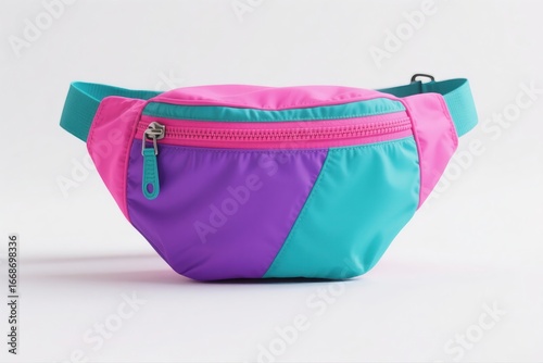 A brightly colored 90s-style fanny pack featuring bold pink, purple, and turquoise, representing the energetic and fun fashion of the past.