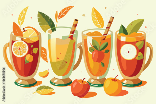 Autumn inspired fruit beverages in glasses with straws and fruit accents